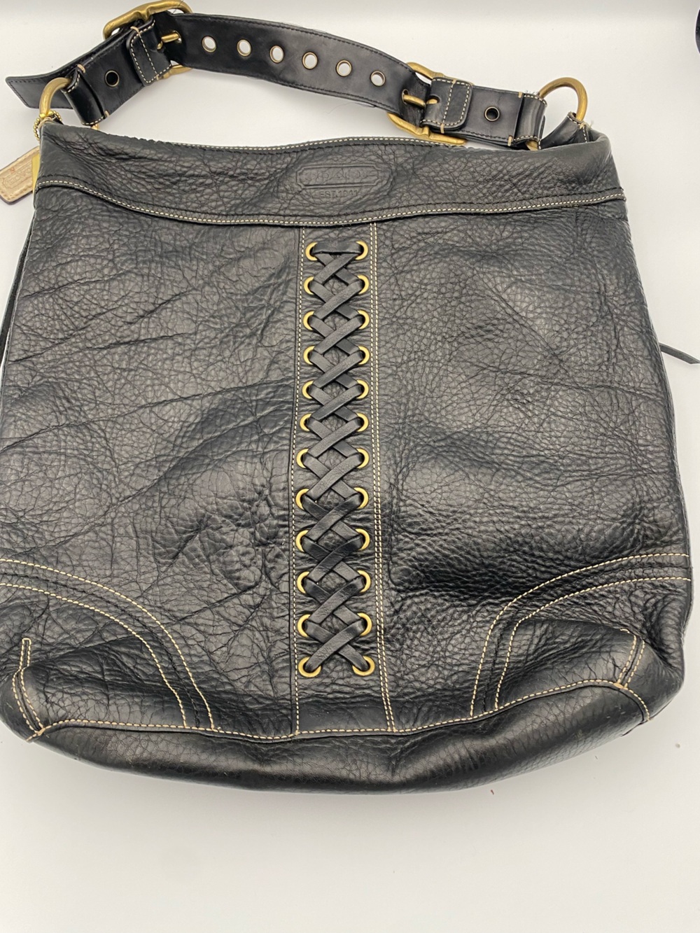 Vintage Coach Black Pebbled Leather Legacy Chelsea Lace Up Shoulder Bag.